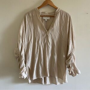 Brochu Walker Beige Popover Blouse with Ruched Sleeves